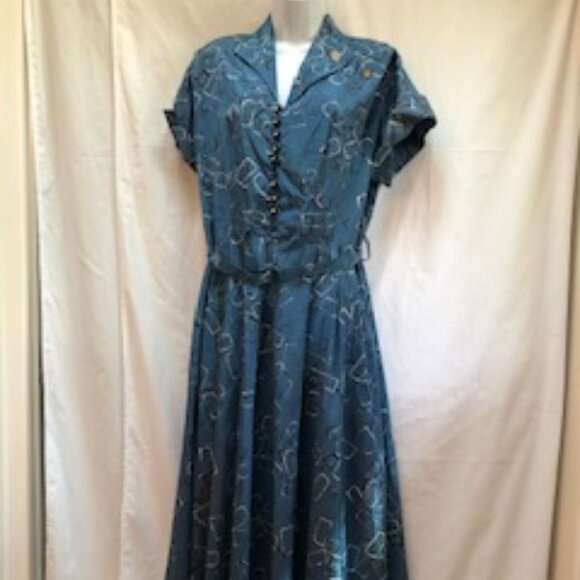 NWT Vintage Rayon/Acetate 1950s Blue Dress, 14-16, Rhinestone Buttons, Belt - Picture 1 of 9